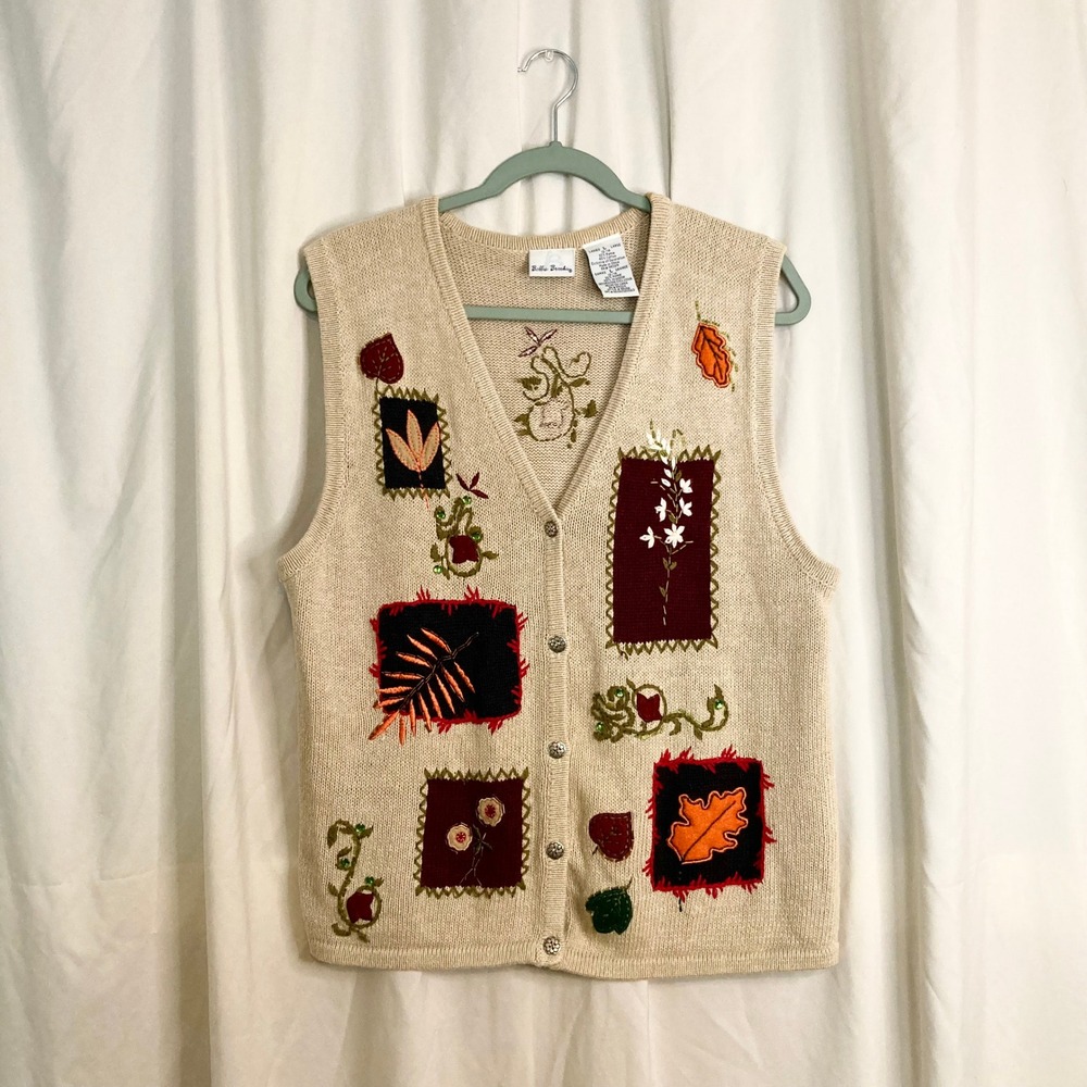 Vintage Autumn Patchwork Embroidery Knit Sweater Vest Beige Bobbie Brooks Large